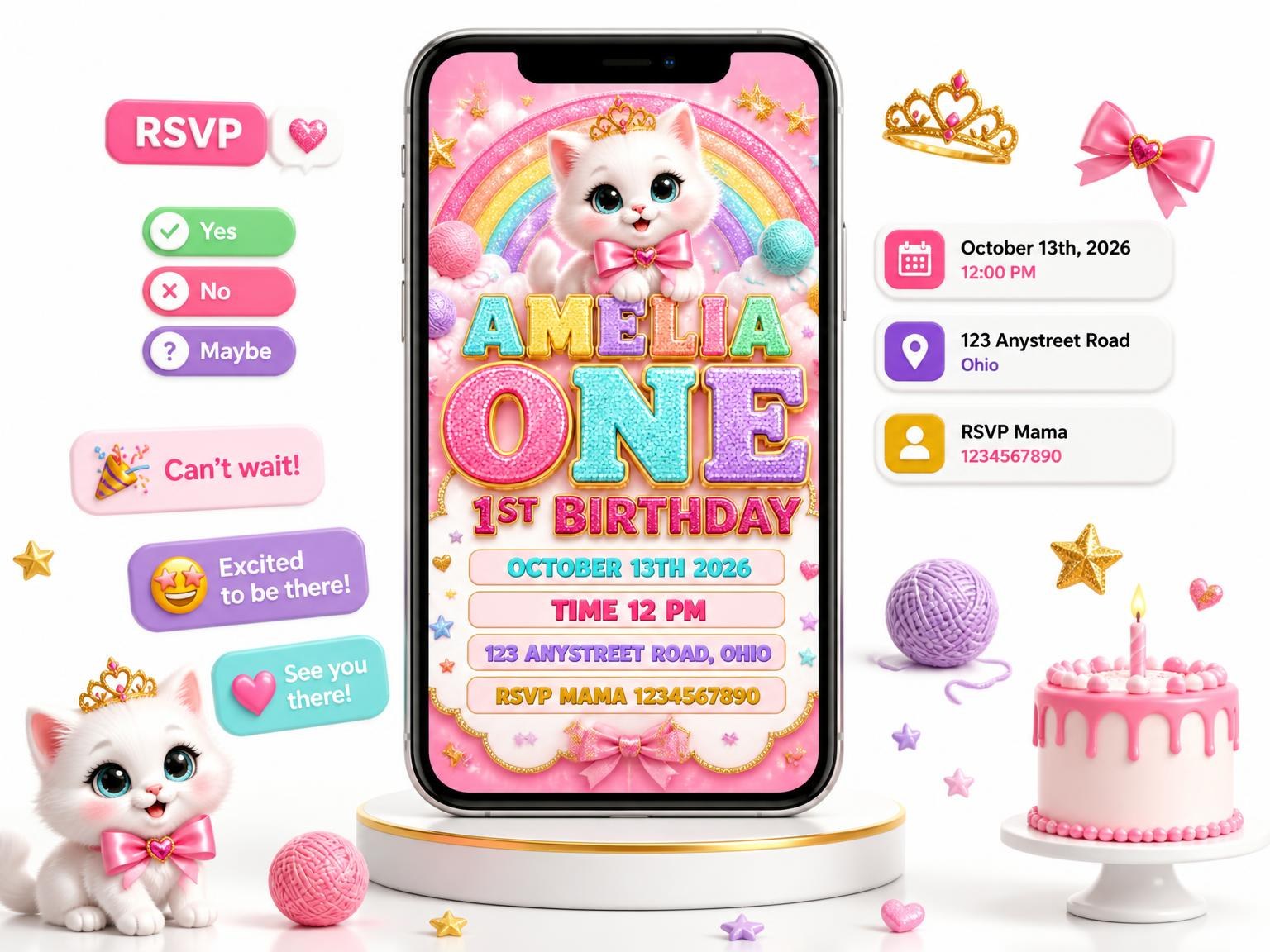 The Glitter Kitty Cat 1st Birthday Invitation invitation on a phone, with guest RSVPs arriving around it