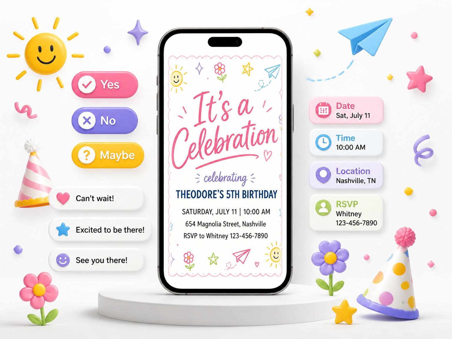 The Whimsical Pink 5th Birthday Invitation invitation on a phone, with guest RSVPs arriving around it