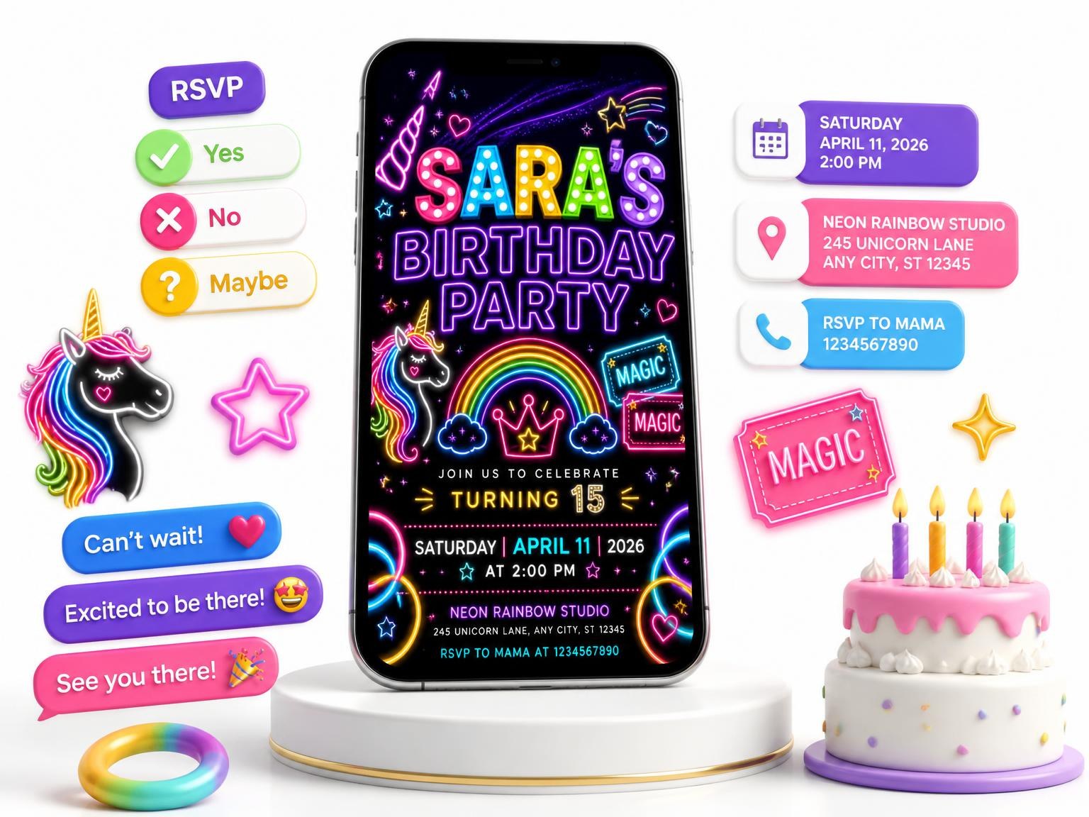 The Neon Unicorn 15th Birthday Invitation invitation on a phone, with guest RSVPs arriving around it