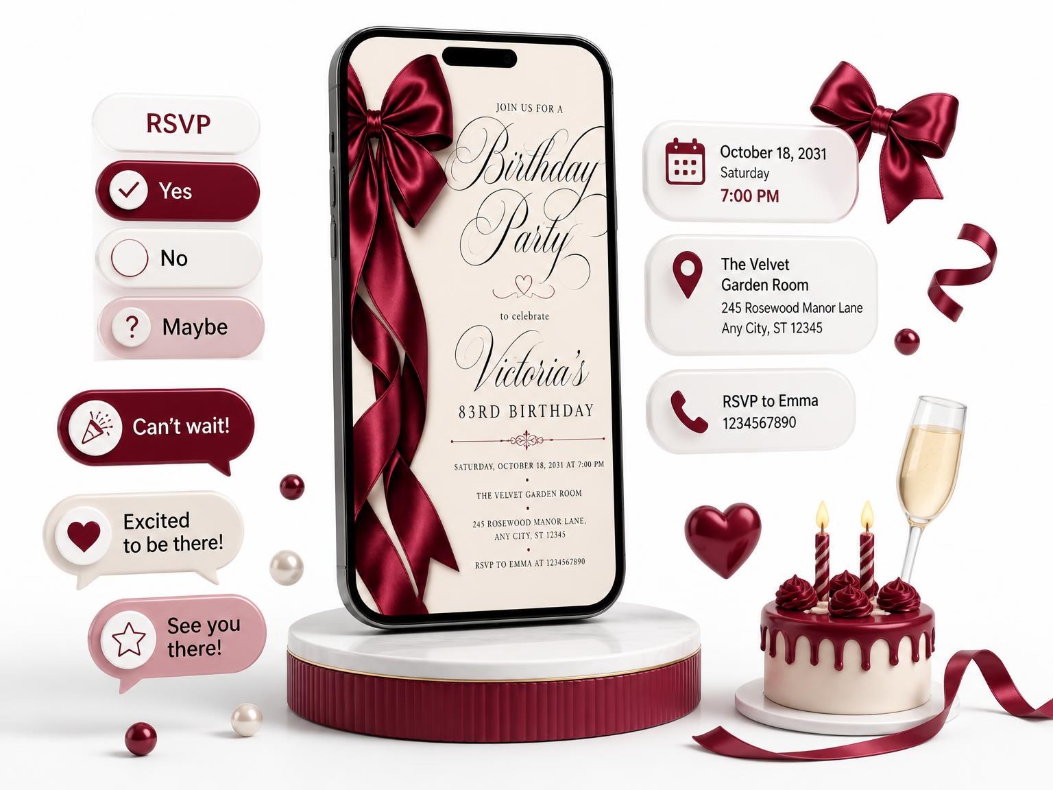 The Burgundy Satin Bow 83rd Birthday Invitation invitation on a phone, with guest RSVPs arriving around it