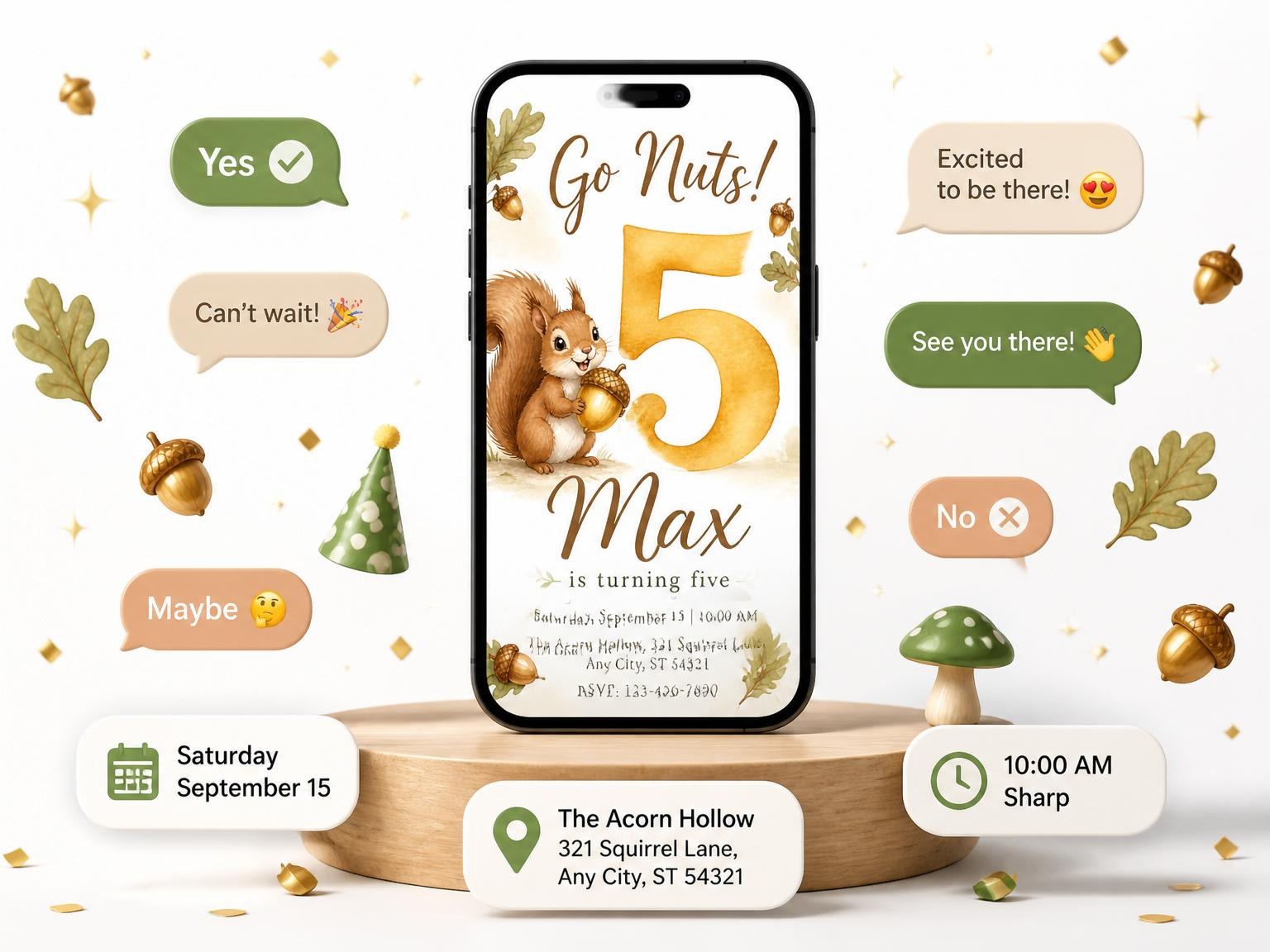 The Watercolor Squirrel Acorn 5th Birthday invitation on a phone, with guest RSVPs arriving around it