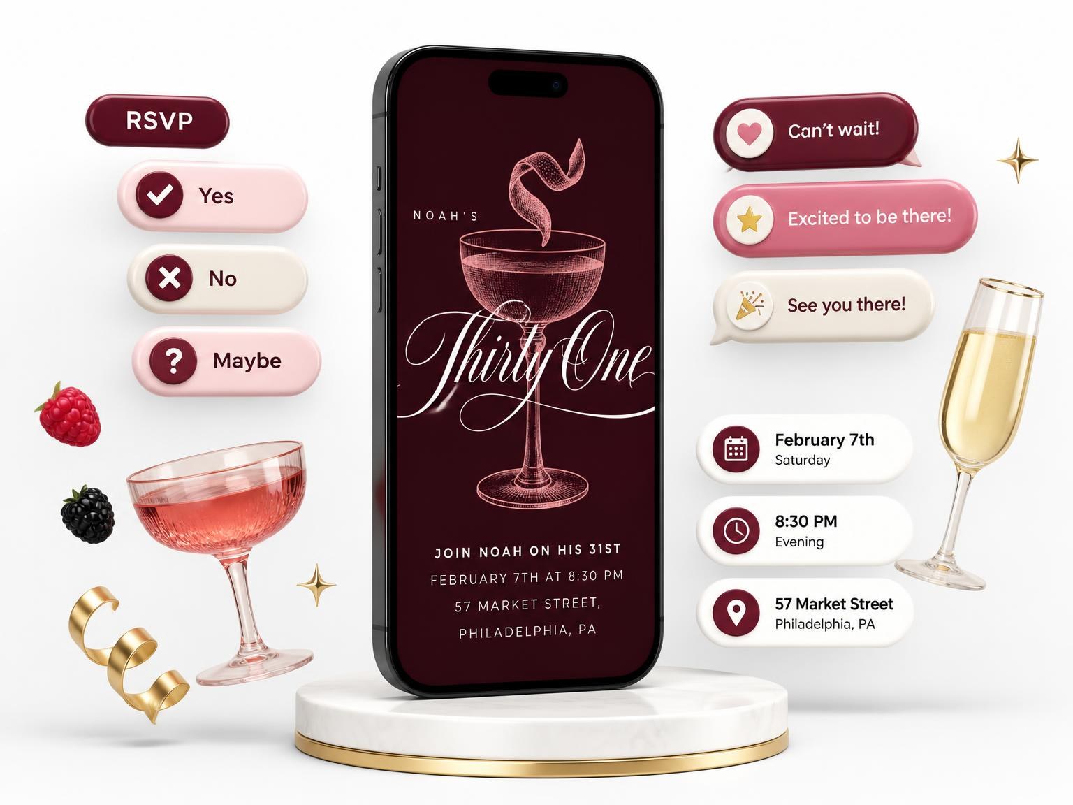 The Burgundy Cocktail 31st Birthday Invitation invitation on a phone, with guest RSVPs arriving around it