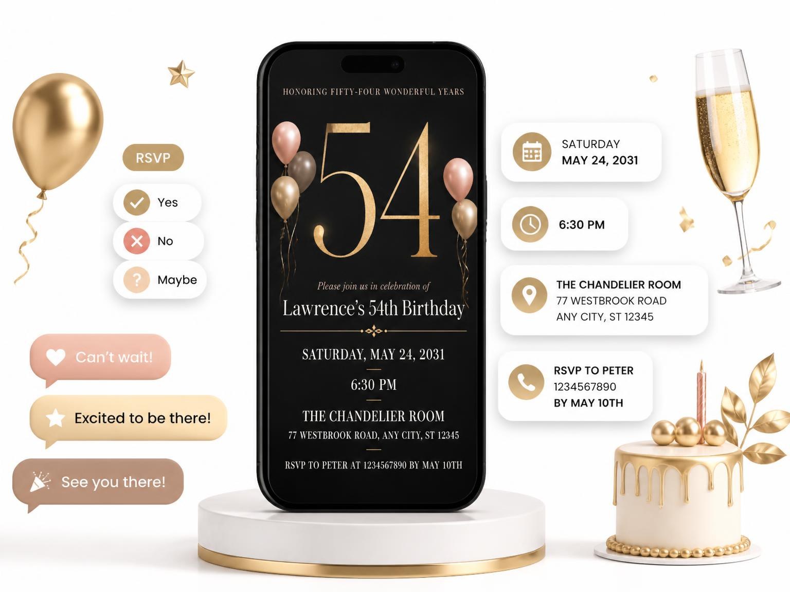 The Charcoal and Blush 54th Birthday Invitation invitation on a phone, with guest RSVPs arriving around it