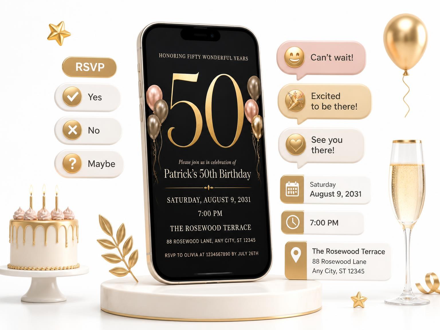 The Charcoal and Blush 50th Birthday Invitation invitation on a phone, with guest RSVPs arriving around it