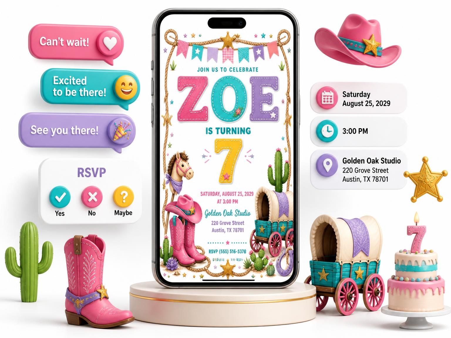 The Stitched Cowboy 7th Birthday Invitation invitation on a phone, with guest RSVPs arriving around it