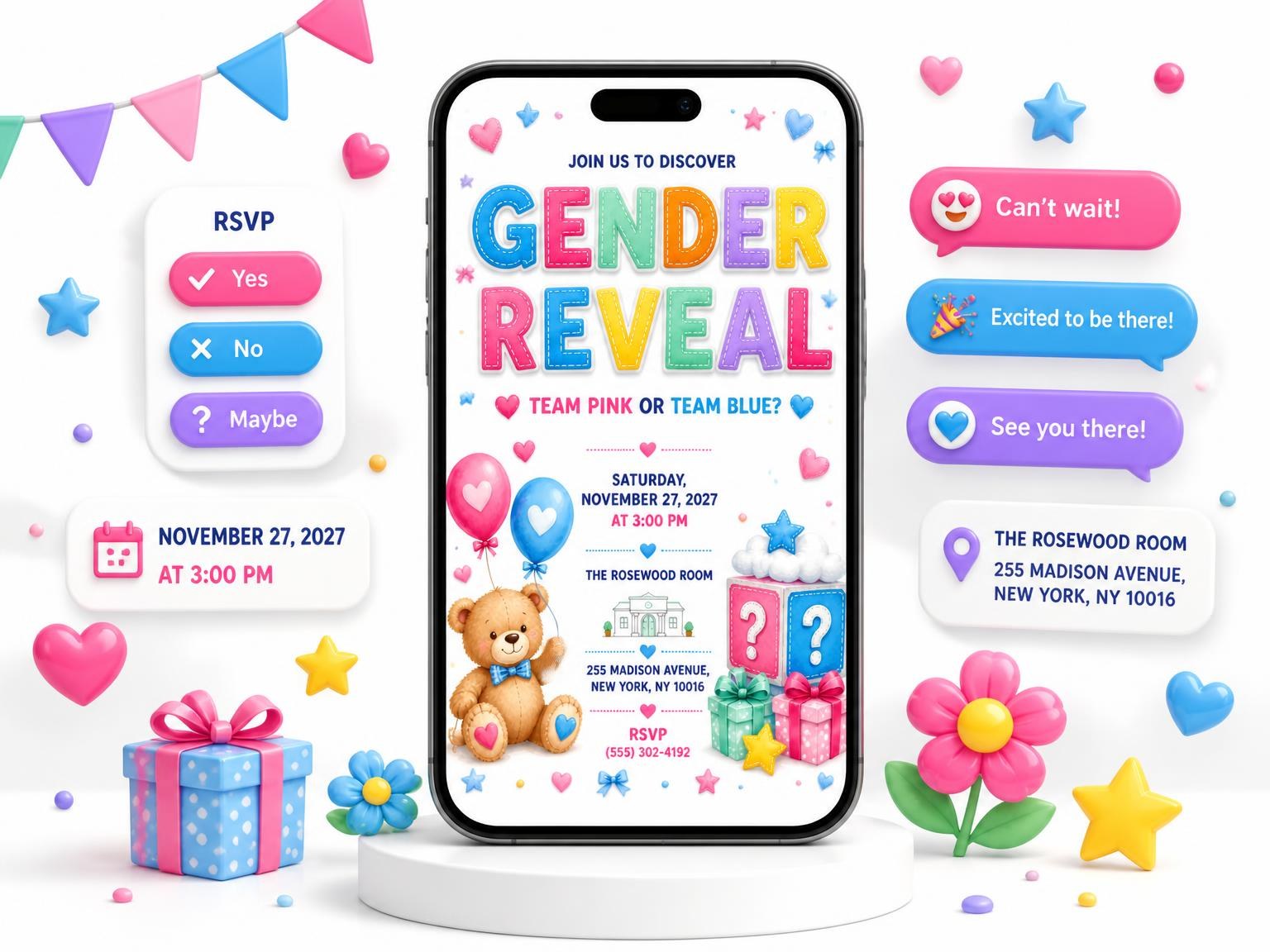 The Stitched Teddy Bear Gender Reveal Invitation invitation on a phone, with guest RSVPs arriving around it