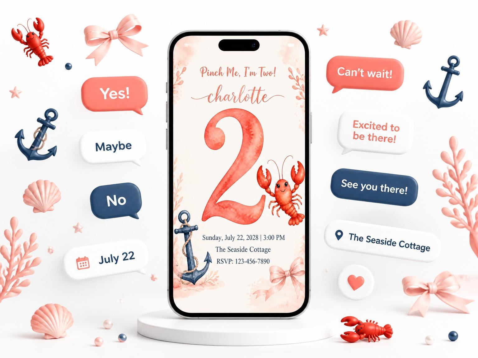 The Watercolor Lobster Anchor 2nd Birthday Invitation invitation on a phone, with guest RSVPs arriving around it