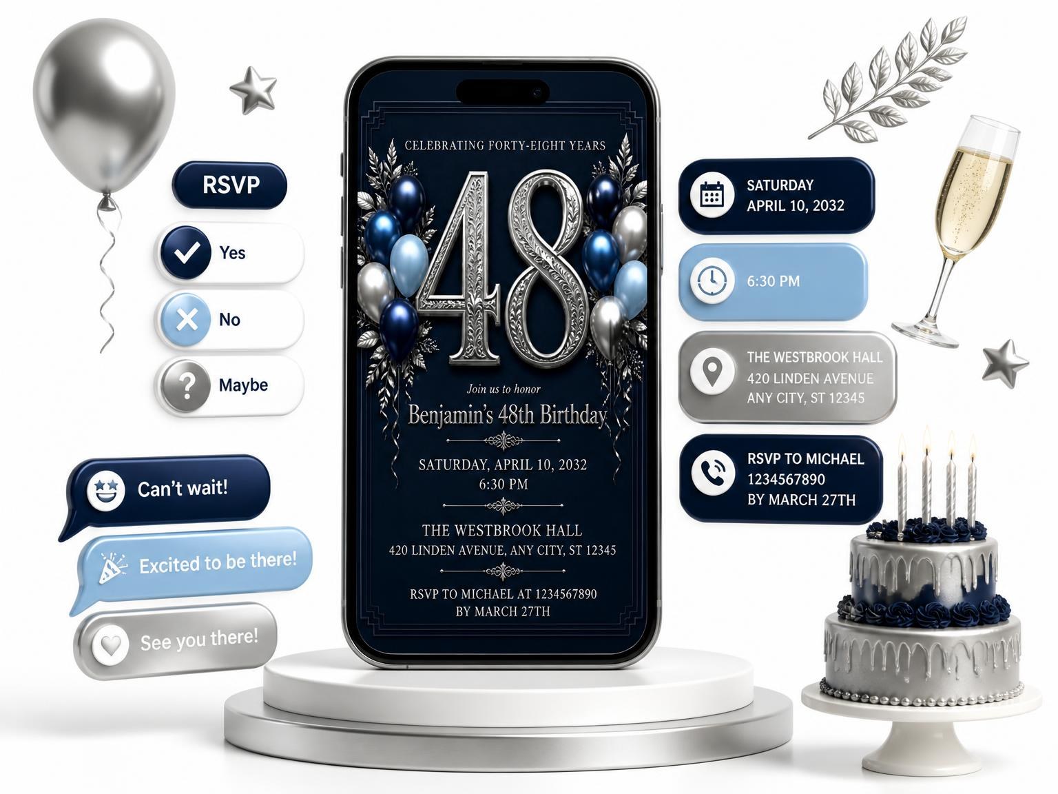 The Navy and Silver 48th Birthday Invitation invitation on a phone, with guest RSVPs arriving around it