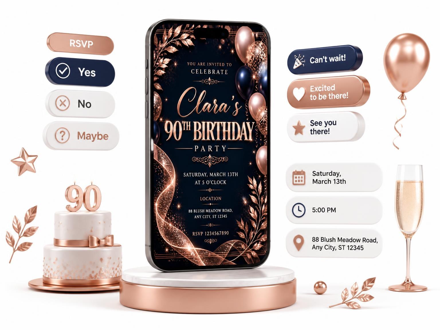 The Navy and Rose Gold 90th Birthday Invitation invitation on a phone, with guest RSVPs arriving around it