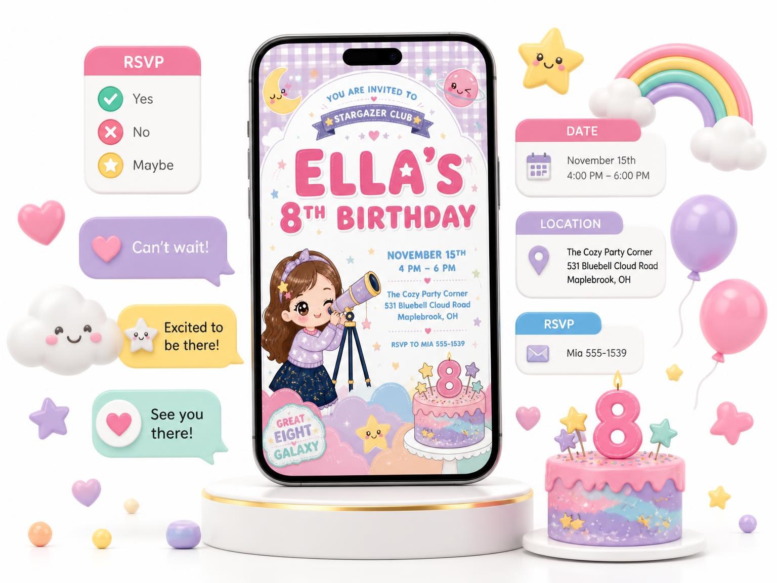 The Celestial Kawaii Pastel 8th Birthday Invitation invitation on a phone, with guest RSVPs arriving around it