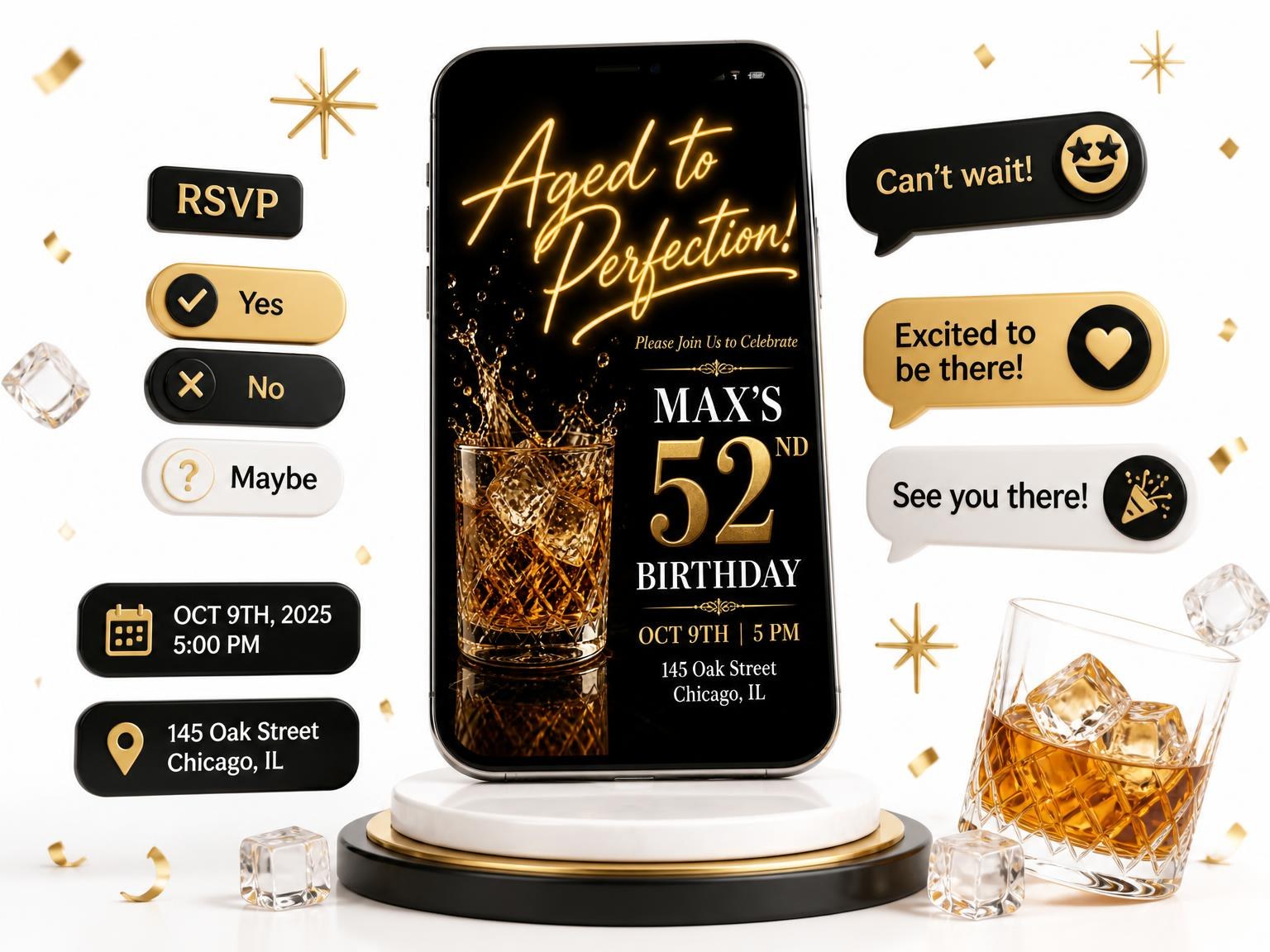 The Crystal Whiskey 52nd Birthday Invitation invitation on a phone, with guest RSVPs arriving around it