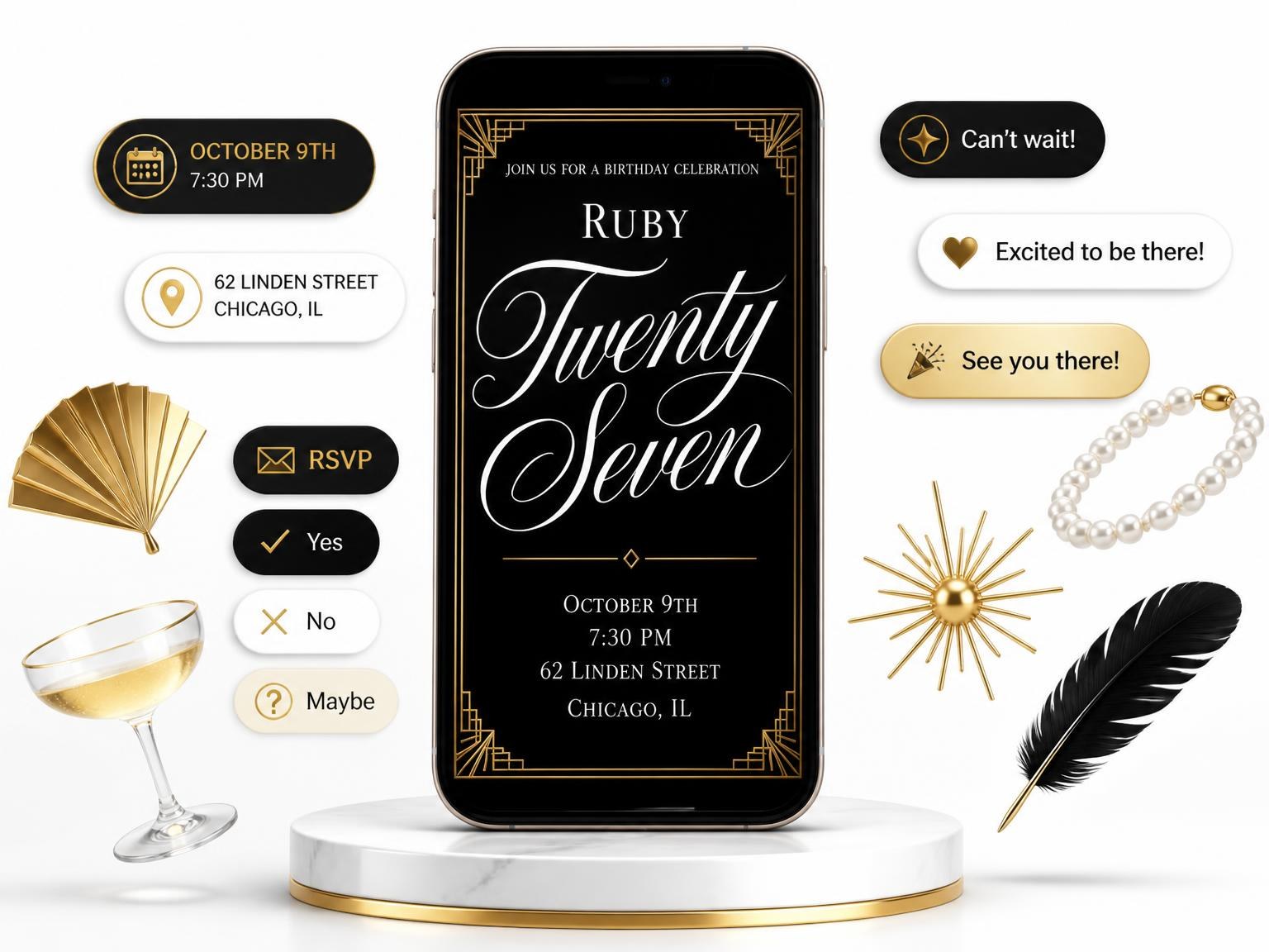 The Art Deco 27th Birthday Invitation invitation on a phone, with guest RSVPs arriving around it