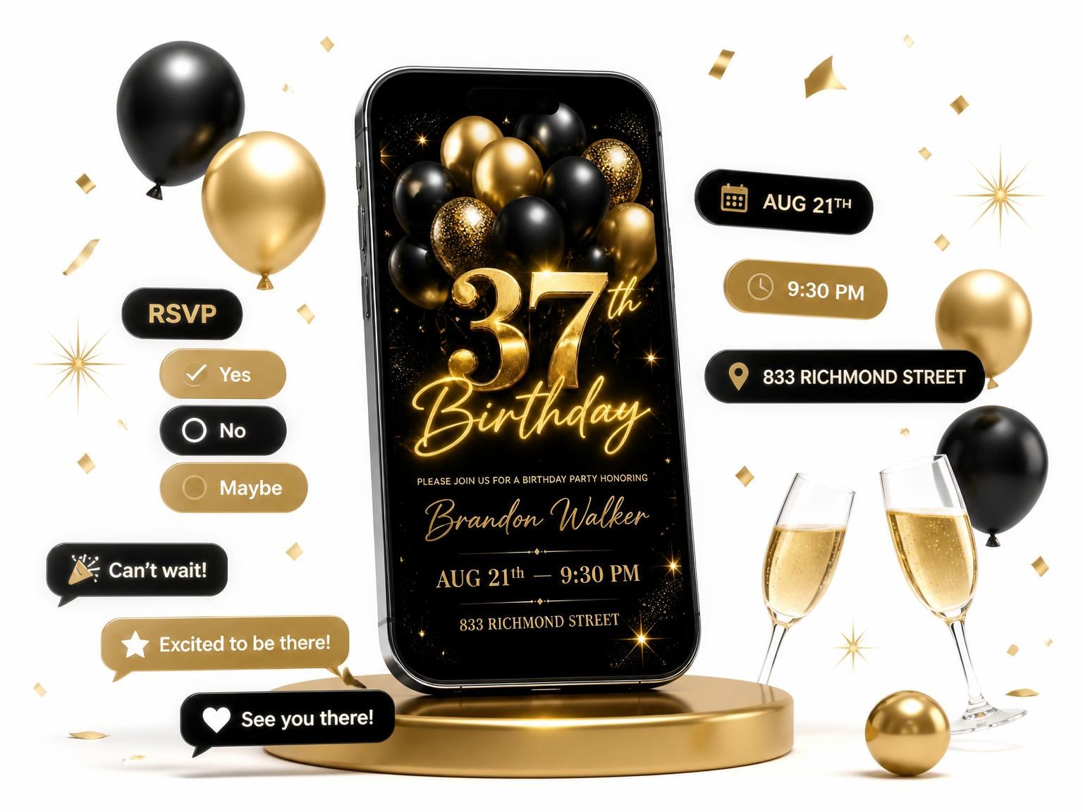 The Black and Gold Balloon 37th Birthday invitation on a phone, with guest RSVPs arriving around it