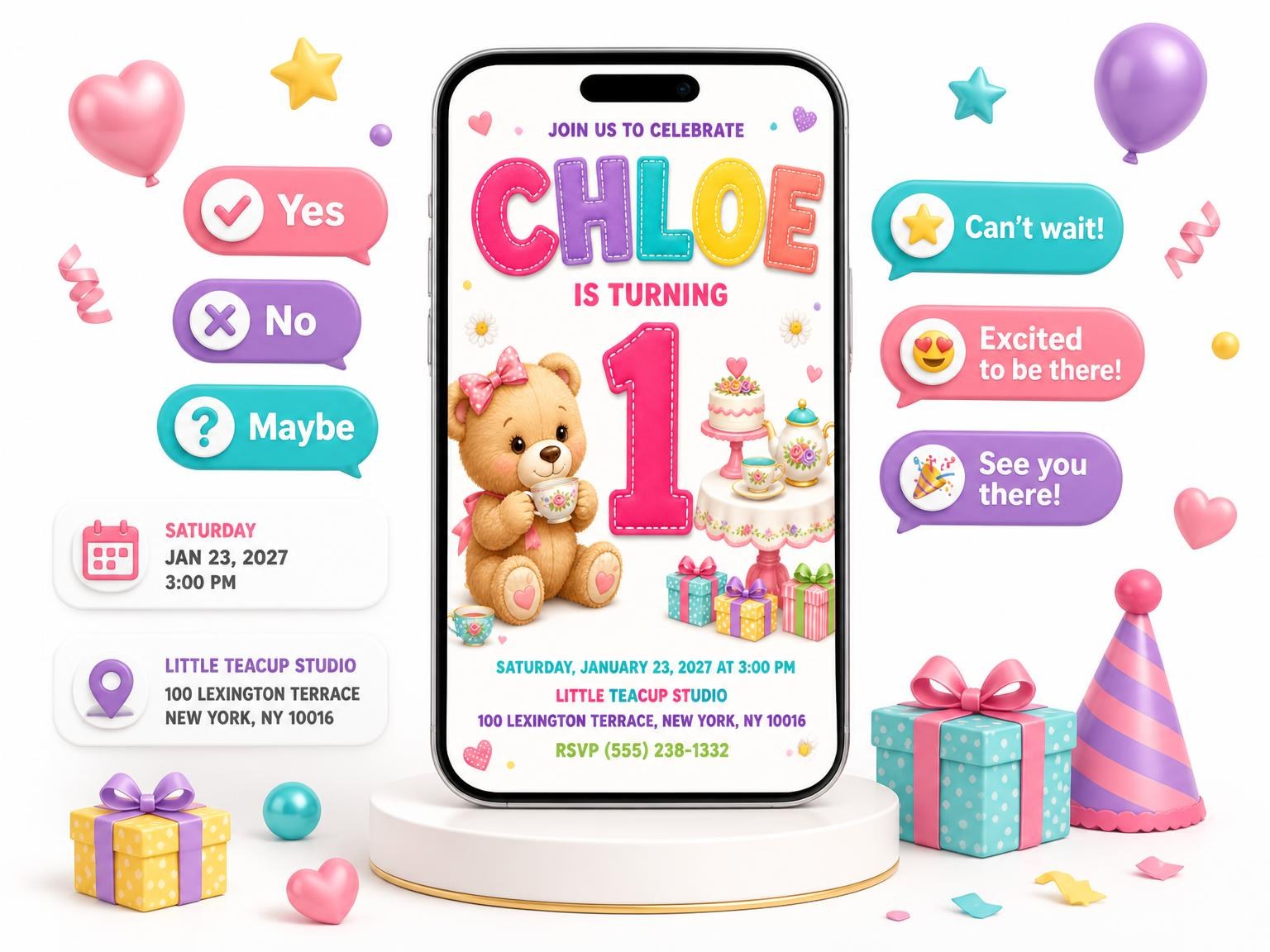 The Stitched Teddy Bear Tea Party 1st Birthday Invitation invitation on a phone, with guest RSVPs arriving around it