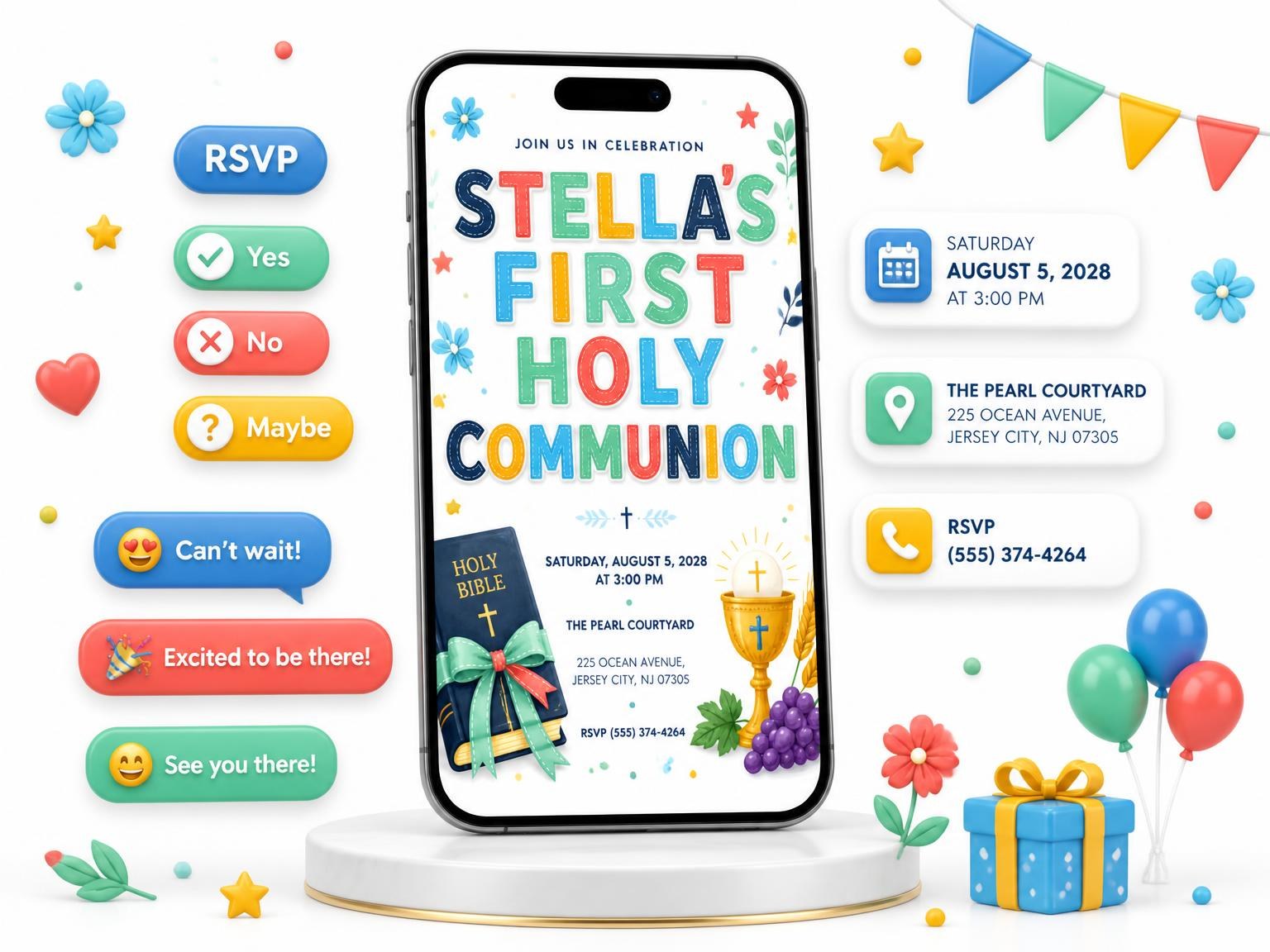 The Bible First Holy Communion Invitation invitation on a phone, with guest RSVPs arriving around it
