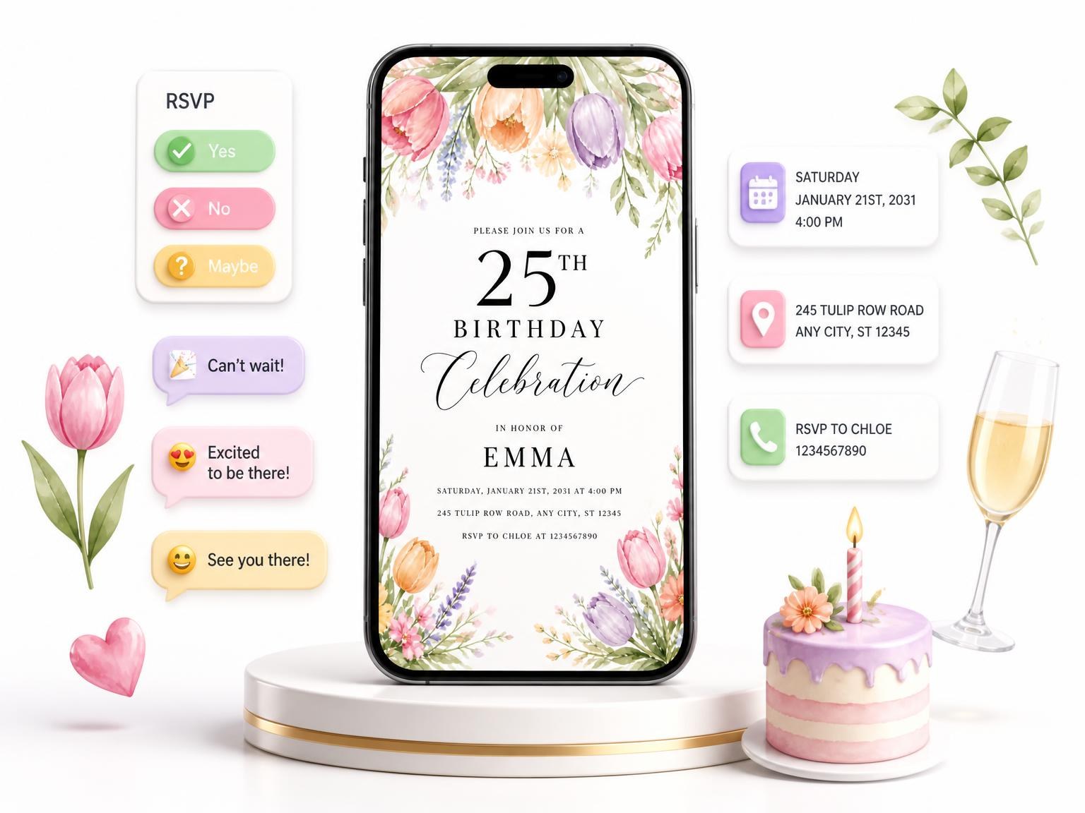 The Pastel Botanical Tulip 25th Birthday Invitation invitation on a phone, with guest RSVPs arriving around it