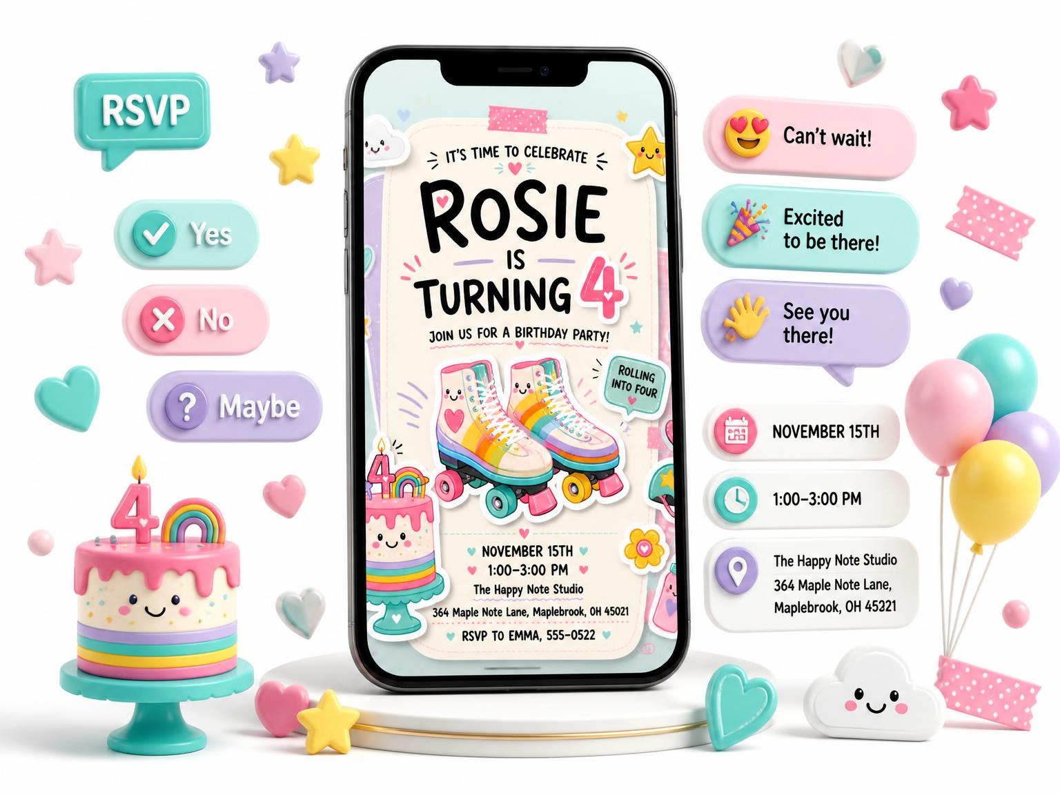 The Roller Skates Pastel 4th Birthday Invitation invitation on a phone, with guest RSVPs arriving around it