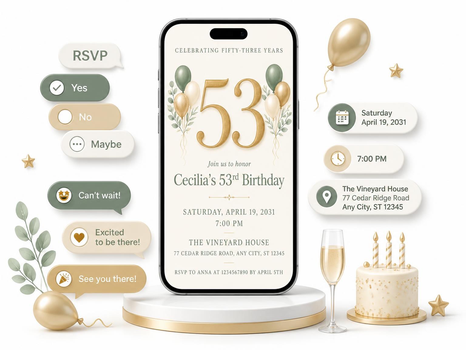 The Sage and Ivory 53rd Birthday Invitation invitation on a phone, with guest RSVPs arriving around it