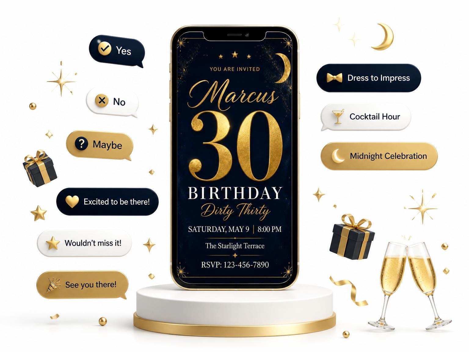 The Midnight Navy Gold Star 30th Birthday invitation on a phone, with guest RSVPs arriving around it