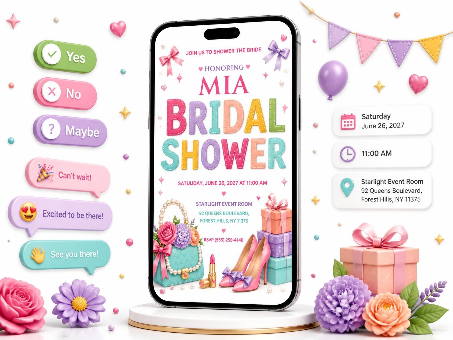 The Quilted Floral Bridal Shower Invitation invitation on a phone, with guest RSVPs arriving around it