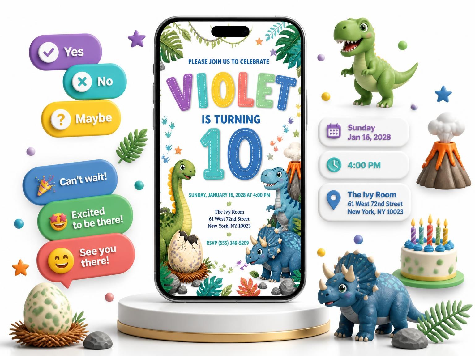 The Stitched Dinosaur 10th Birthday Invitation invitation on a phone, with guest RSVPs arriving around it
