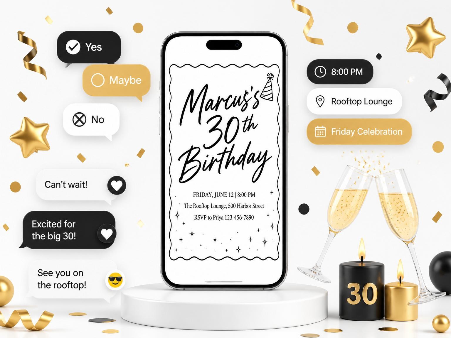 The Black and White Scalloped 30th Birthday invitation on a phone, with guest RSVPs arriving around it