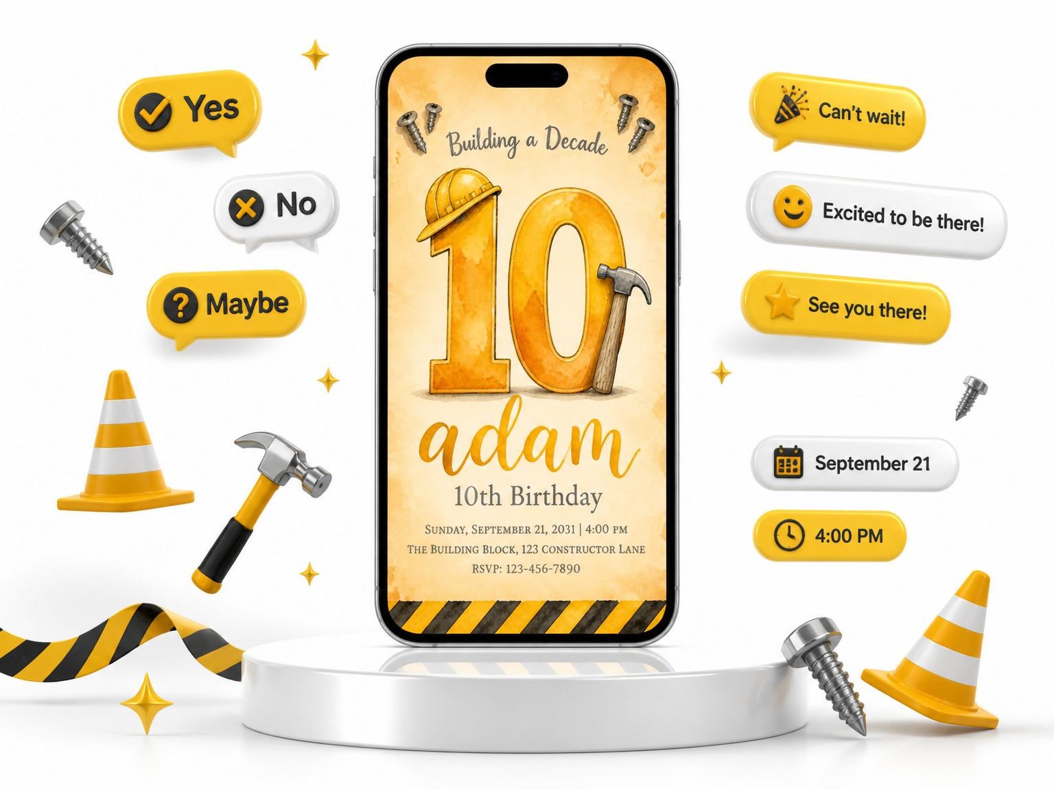 The Watercolor Construction Tools 10th Birthday invitation on a phone, with guest RSVPs arriving around it