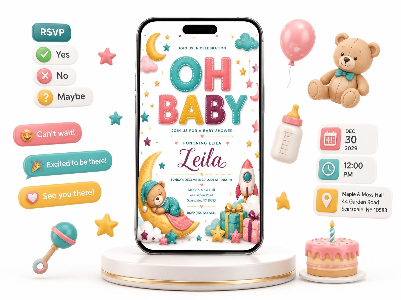 The Hanging Stars Baby Shower Invitation invitation on a phone, with guest RSVPs arriving around it