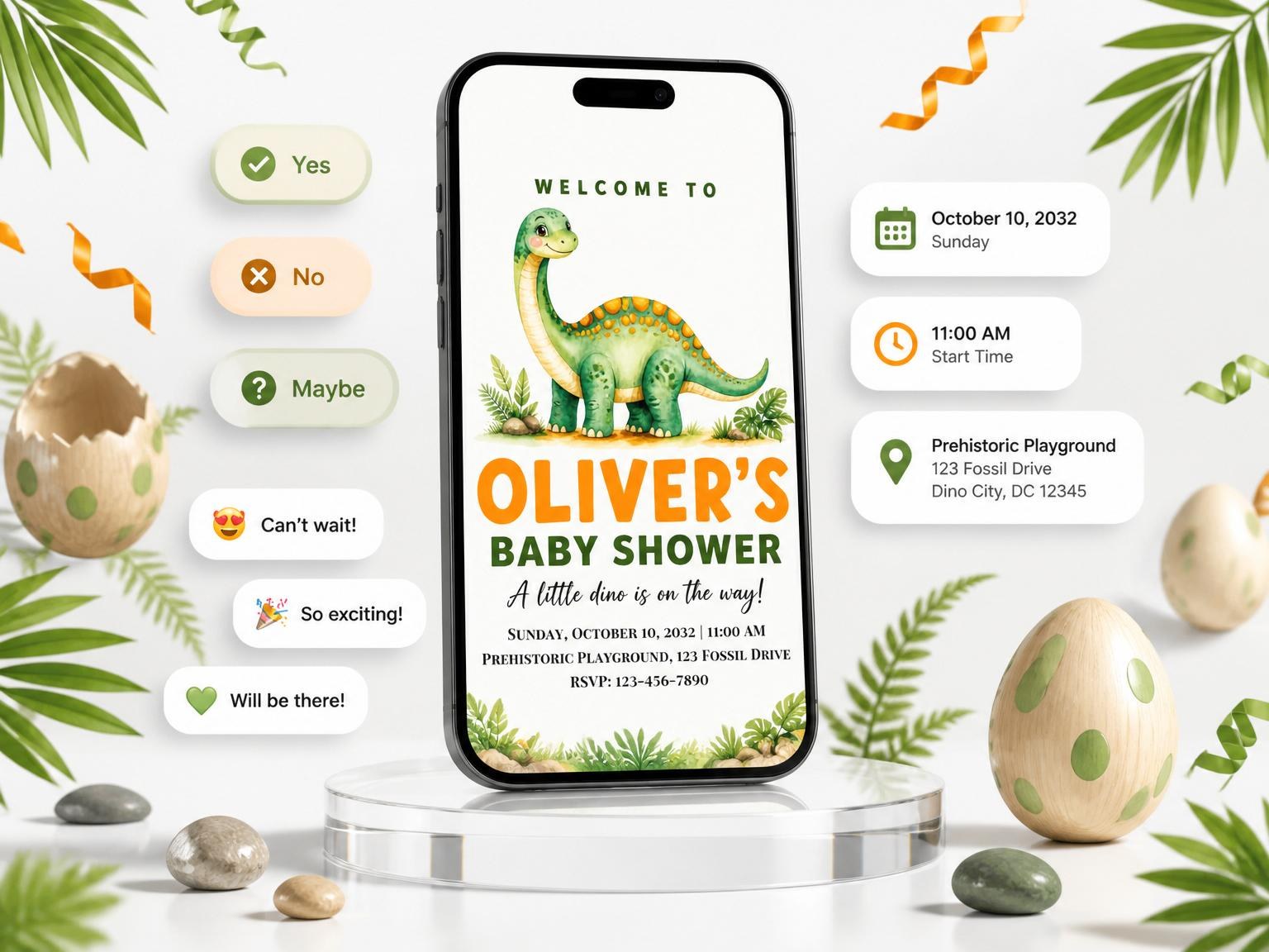 The Watercolor Dinosaur Earth Tone Baby Shower invitation on a phone, with guest RSVPs arriving around it
