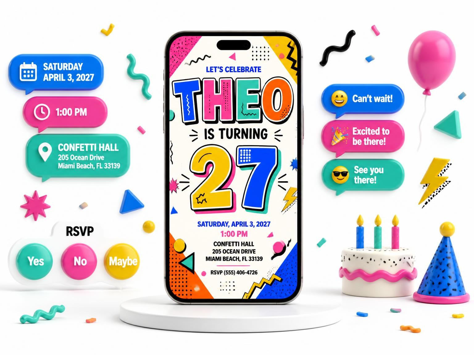 The Memphis Pop 27th Birthday Invitation invitation on a phone, with guest RSVPs arriving around it