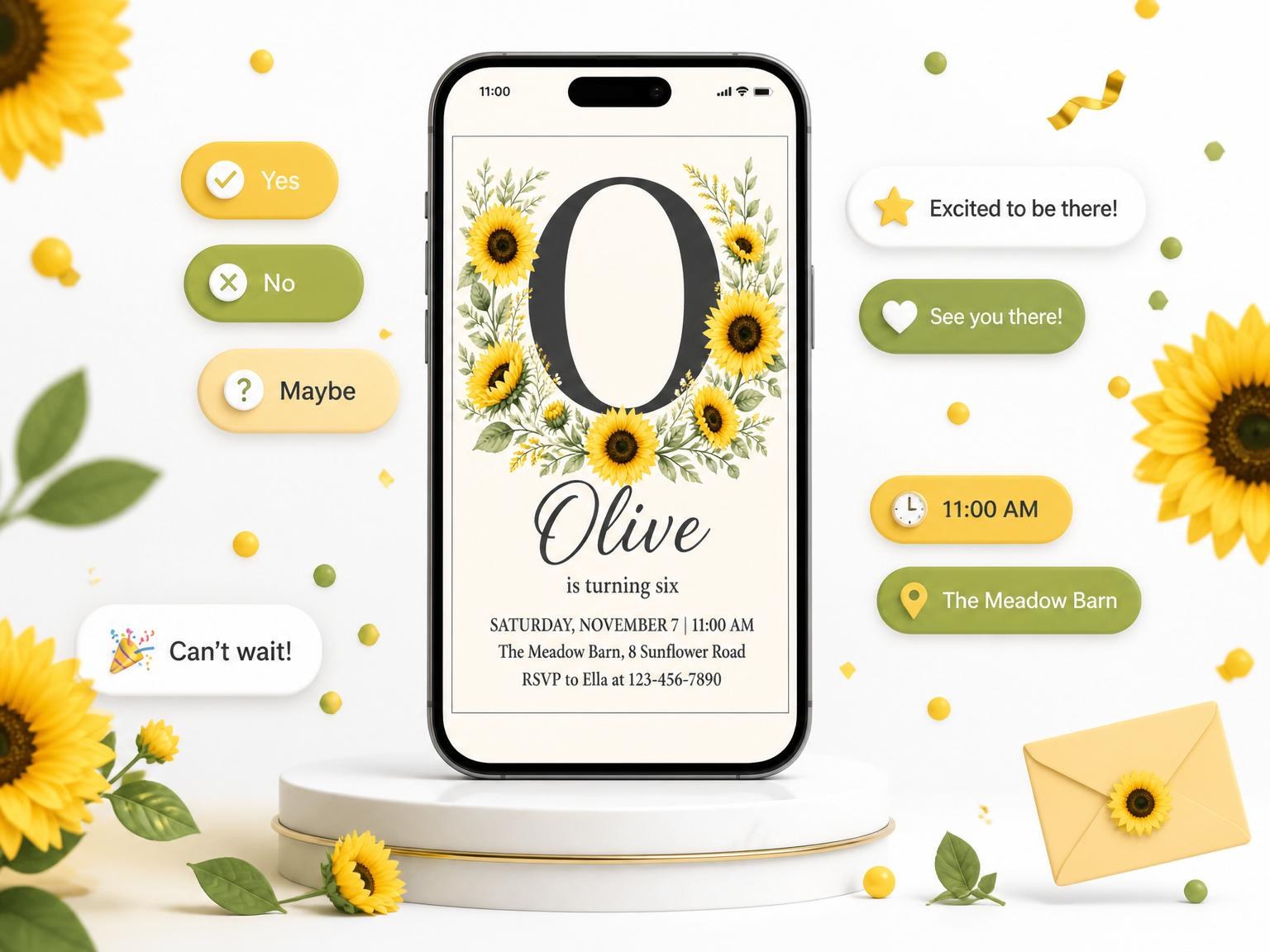 The Watercolor Sunflower Charcoal Monogram Birthday invitation on a phone, with guest RSVPs arriving around it