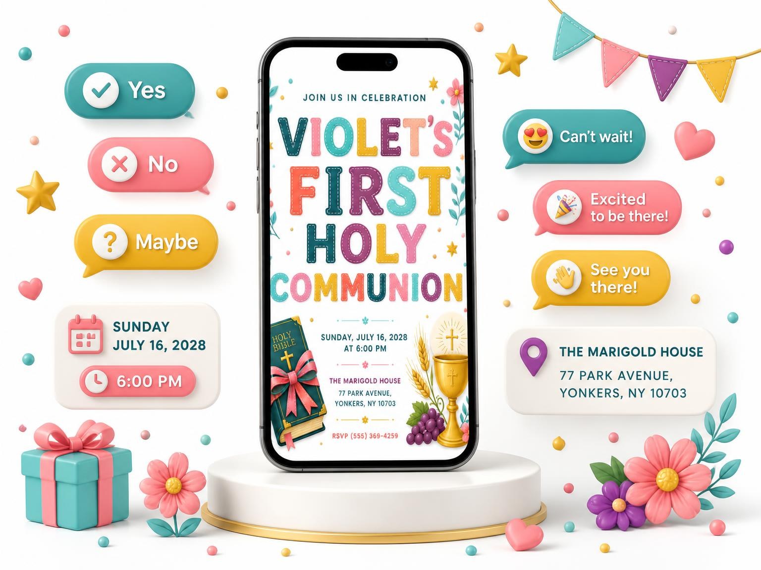 The Holy Bible First Holy Communion Invitation invitation on a phone, with guest RSVPs arriving around it