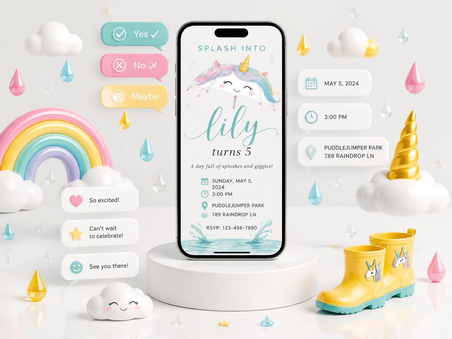 The Watercolor Unicorn Umbrella 5th Birthday Invitation invitation on a phone, with guest RSVPs arriving around it