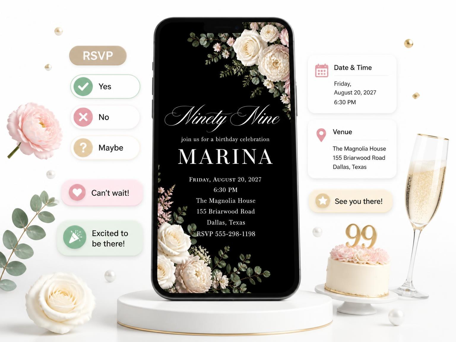 The Black Floral 99th Birthday Invitation invitation on a phone, with guest RSVPs arriving around it