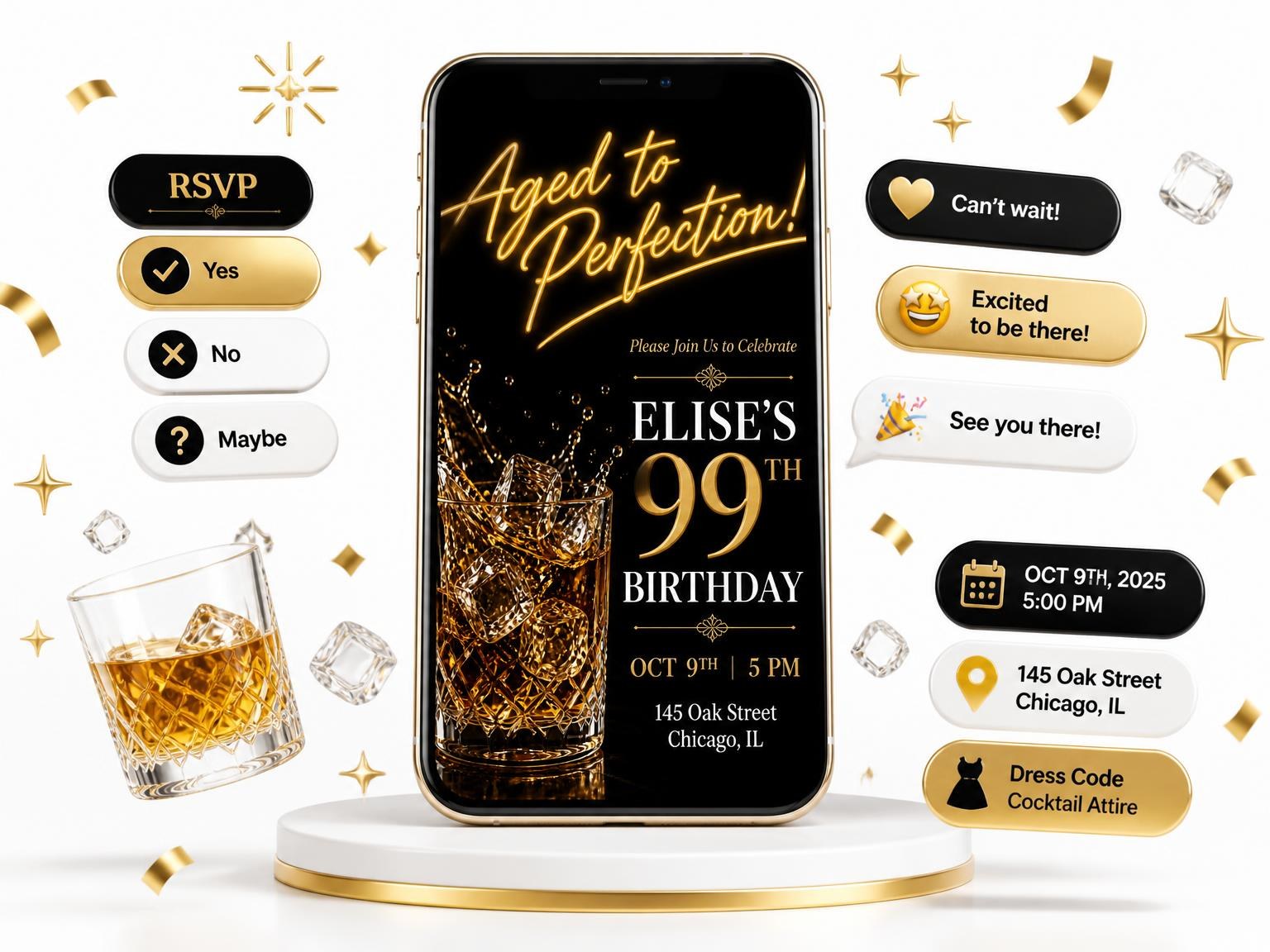 The Whiskey Glass 99th Birthday Invitation invitation on a phone, with guest RSVPs arriving around it