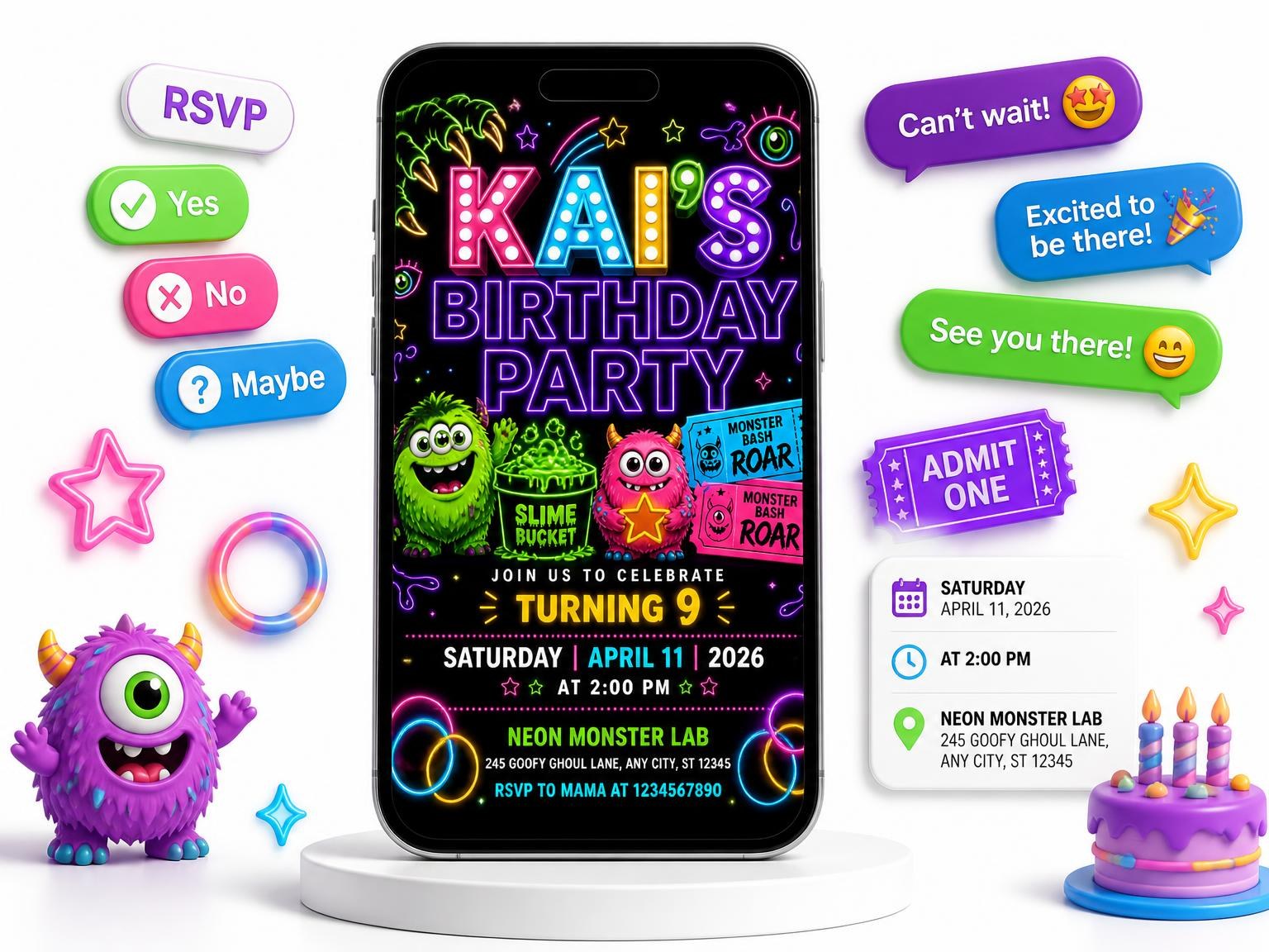 The Neon Monster 9th Birthday Invitation invitation on a phone, with guest RSVPs arriving around it