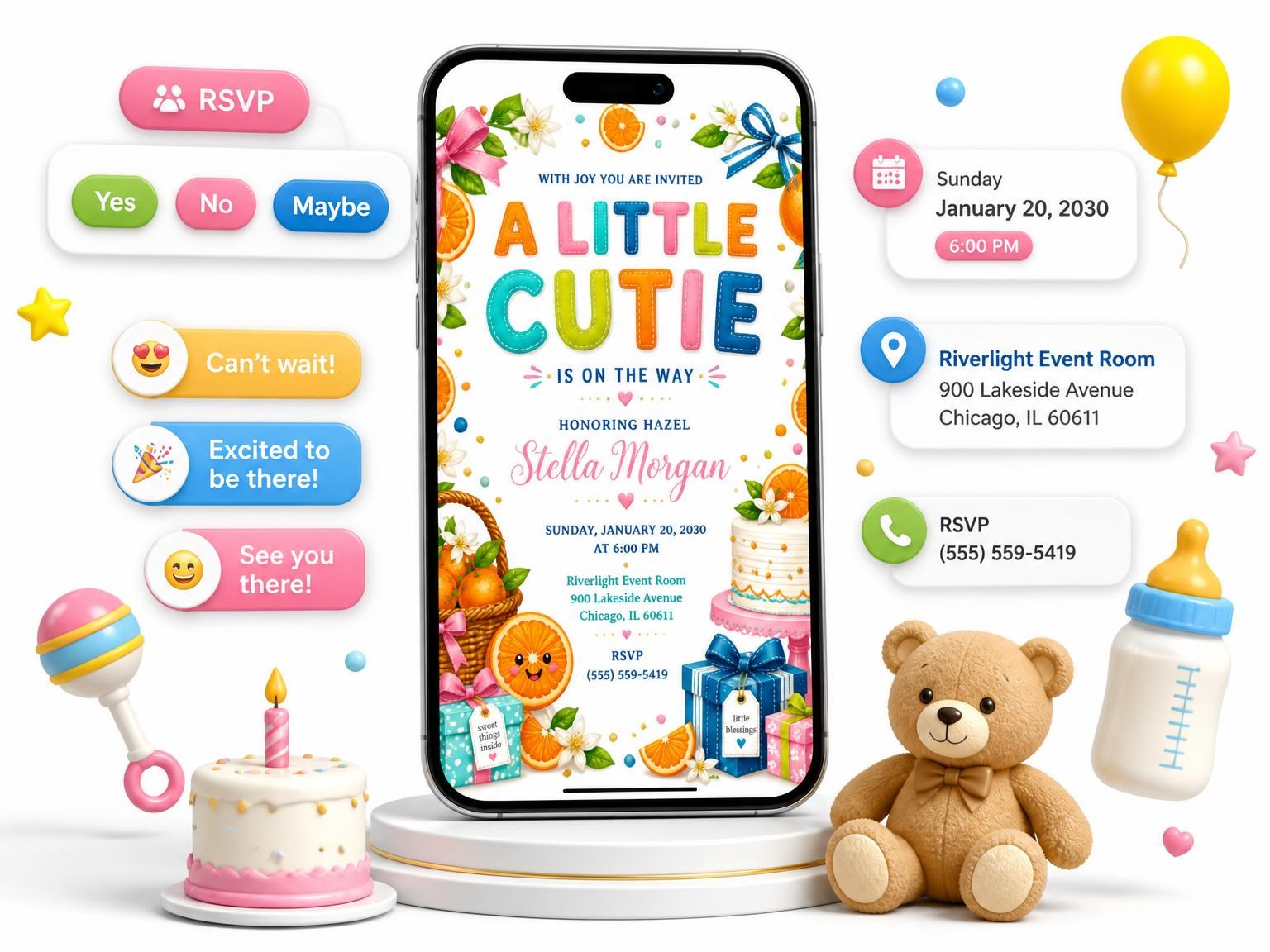 The Citrus Floral Baby Shower Invitation invitation on a phone, with guest RSVPs arriving around it