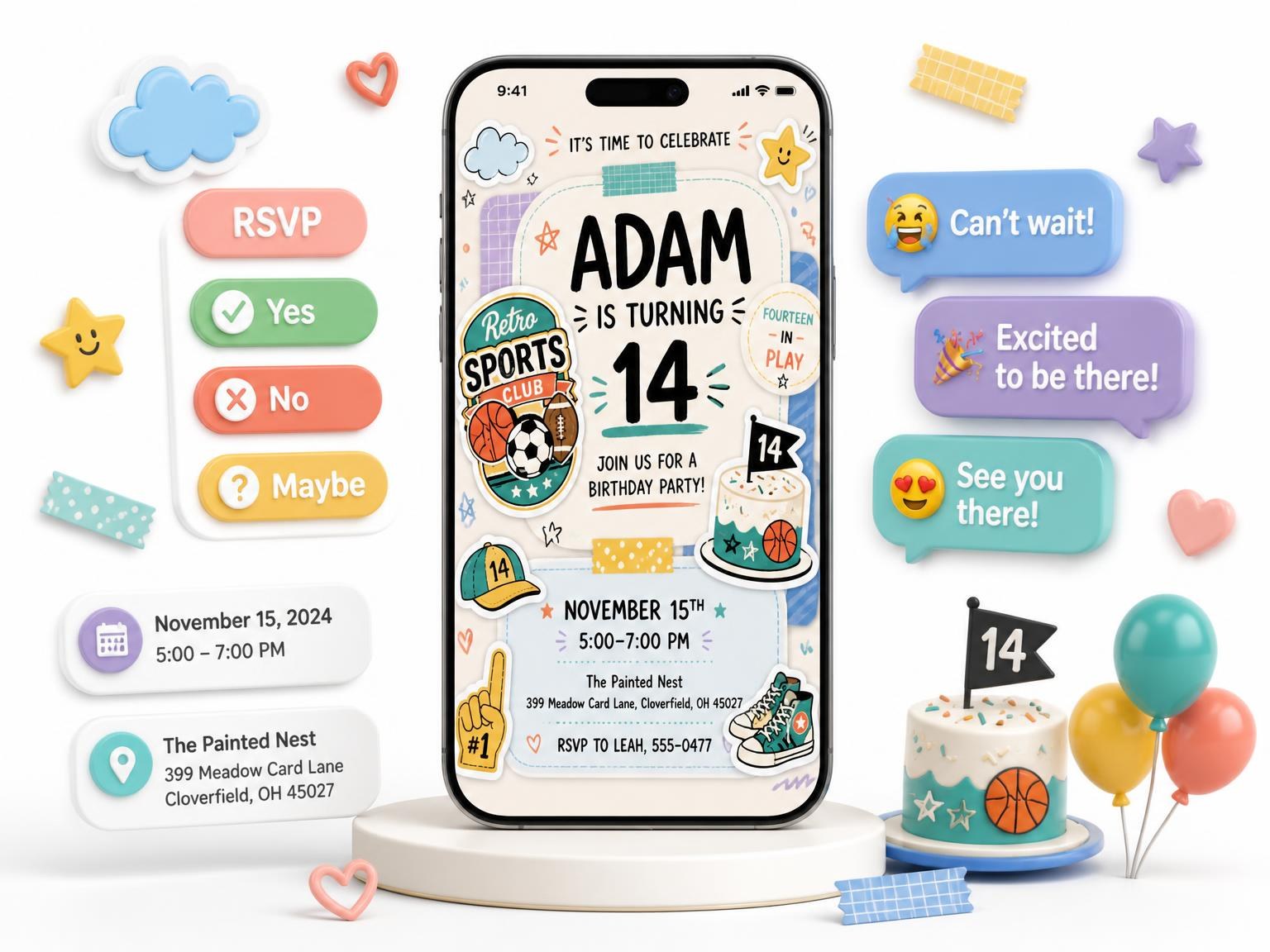 The Sports Badge Pastel 14th Birthday Invitation invitation on a phone, with guest RSVPs arriving around it
