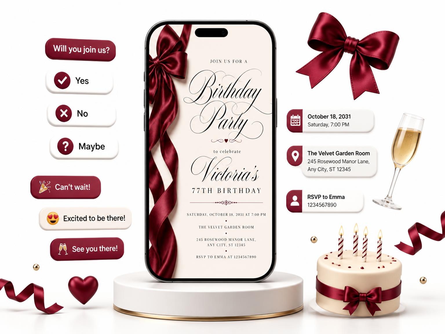 The Burgundy Satin Bow 77th Birthday Invitation invitation on a phone, with guest RSVPs arriving around it