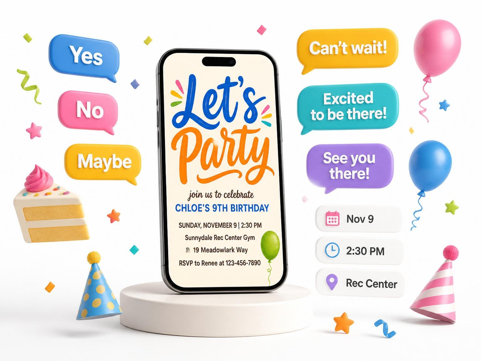 The Colorful Hand-Lettered 9th Birthday Party Invitation invitation on a phone, with guest RSVPs arriving around it