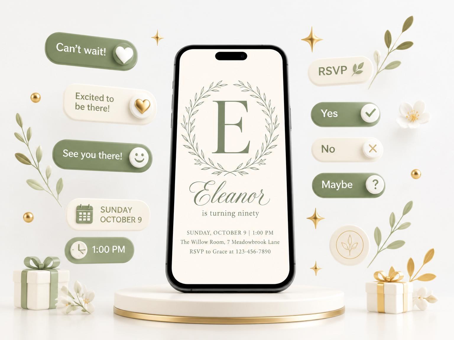 The Cream Olive Branch Milestone Birthday invitation on a phone, with guest RSVPs arriving around it