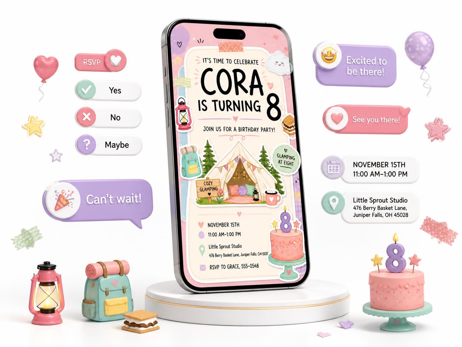 The Glamping Tent Pastel 8th Birthday Invitation invitation on a phone, with guest RSVPs arriving around it