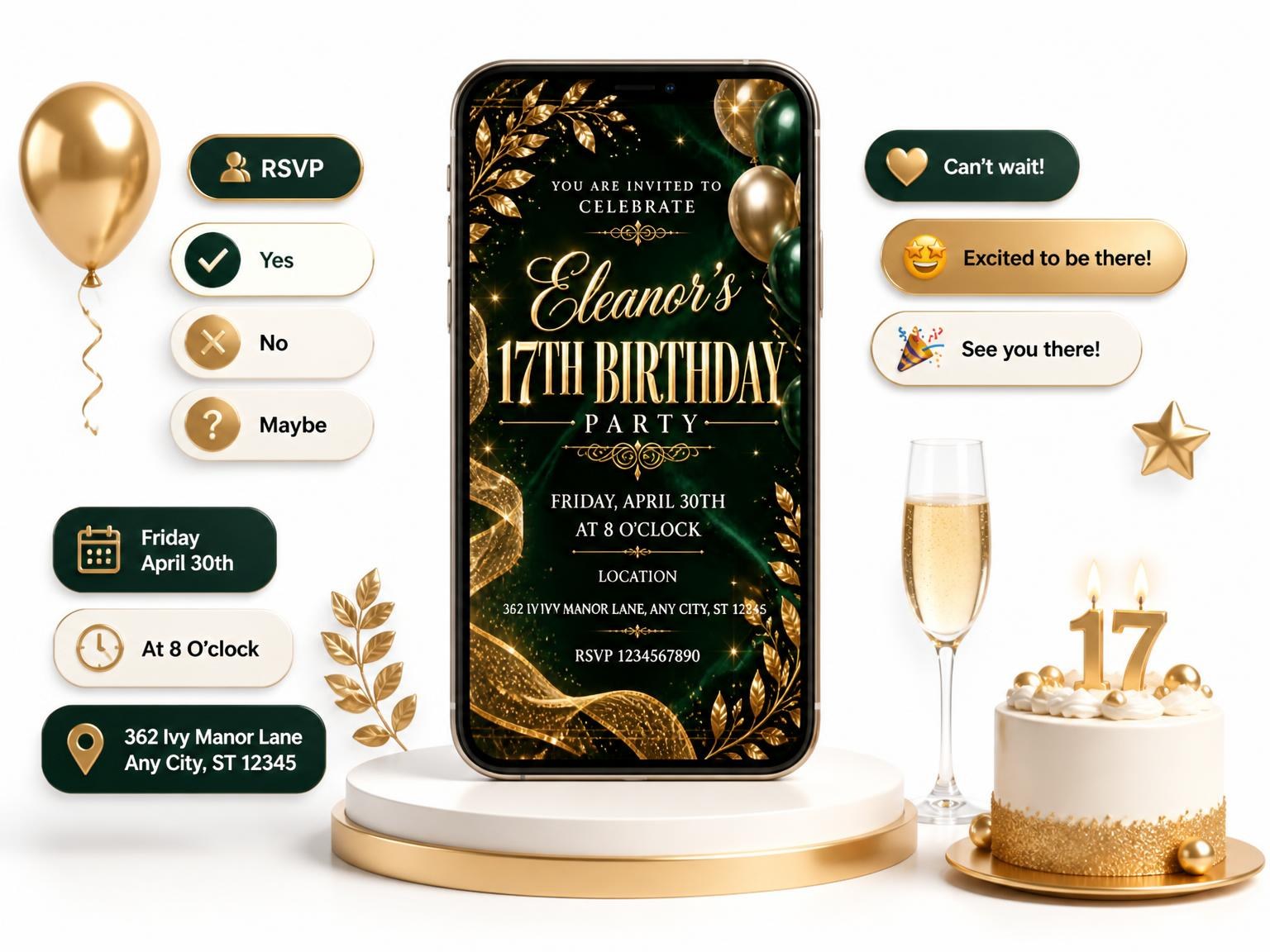 The Emerald and Champagne 17th Birthday Invitation invitation on a phone, with guest RSVPs arriving around it