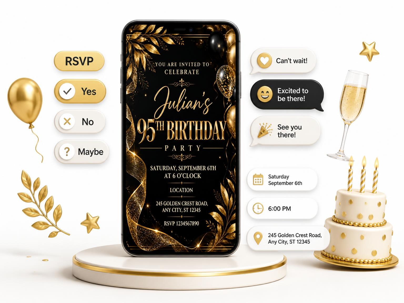 The Black and Gold 95th Birthday Invitation invitation on a phone, with guest RSVPs arriving around it