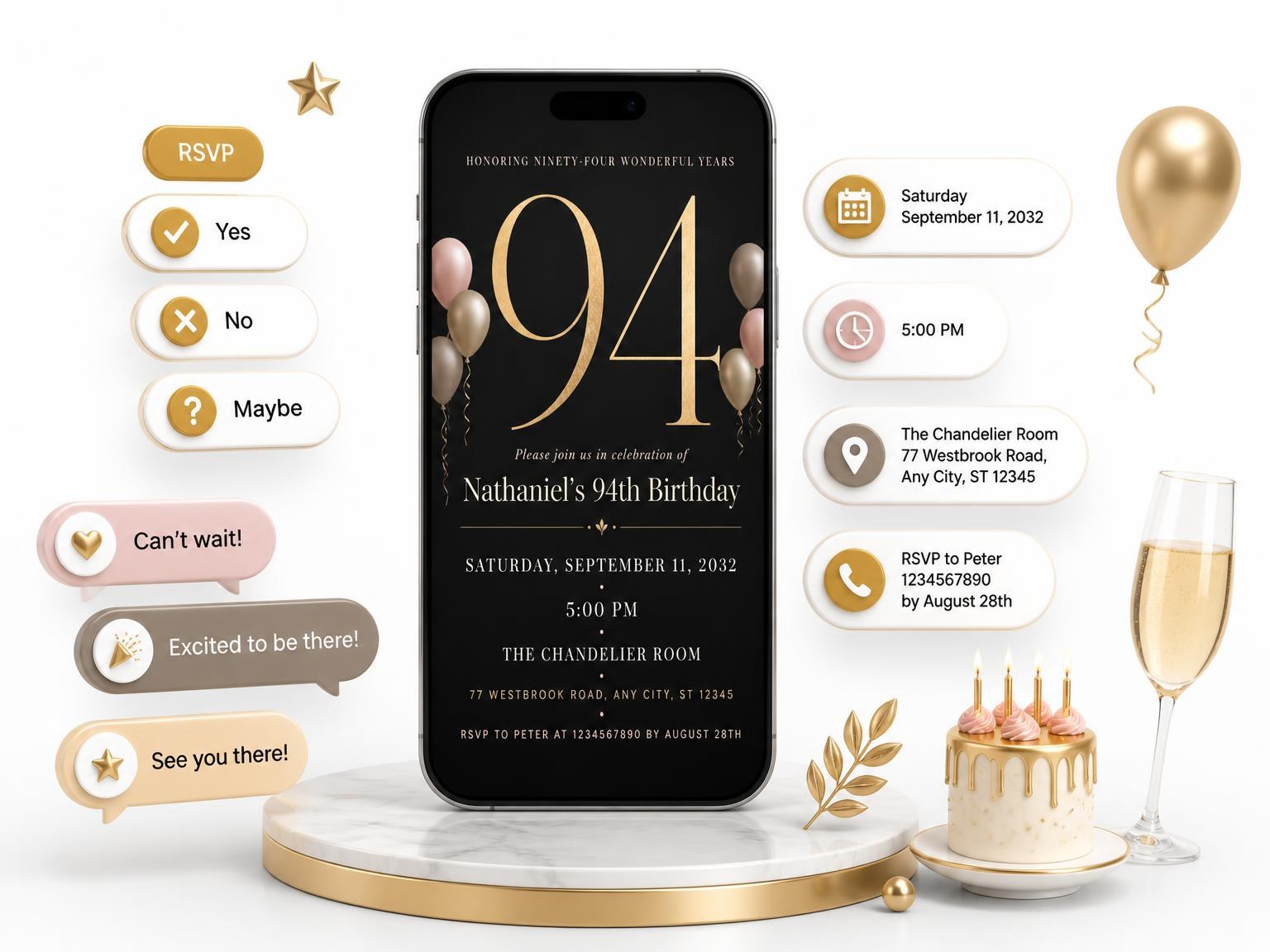 The Charcoal and Blush 94th Birthday Invitation invitation on a phone, with guest RSVPs arriving around it