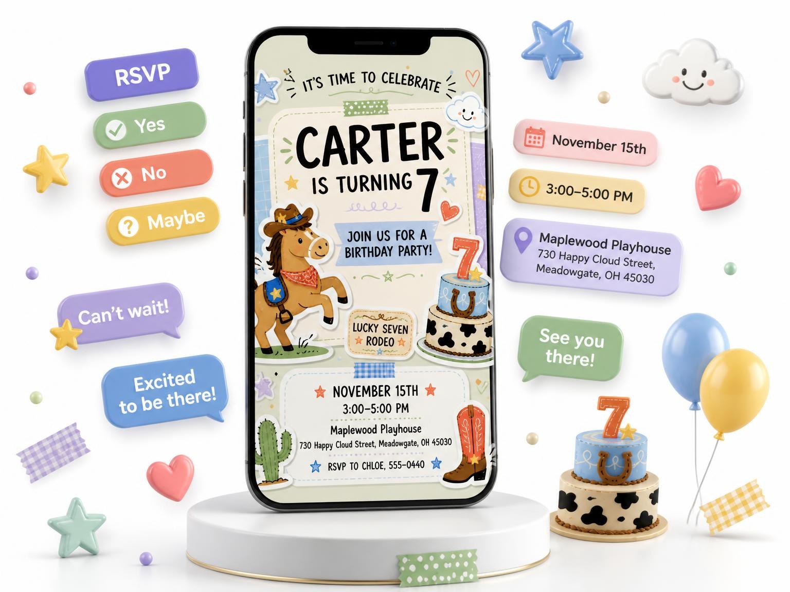 The Cowboy Horse Pastel 7th Birthday Invitation invitation on a phone, with guest RSVPs arriving around it