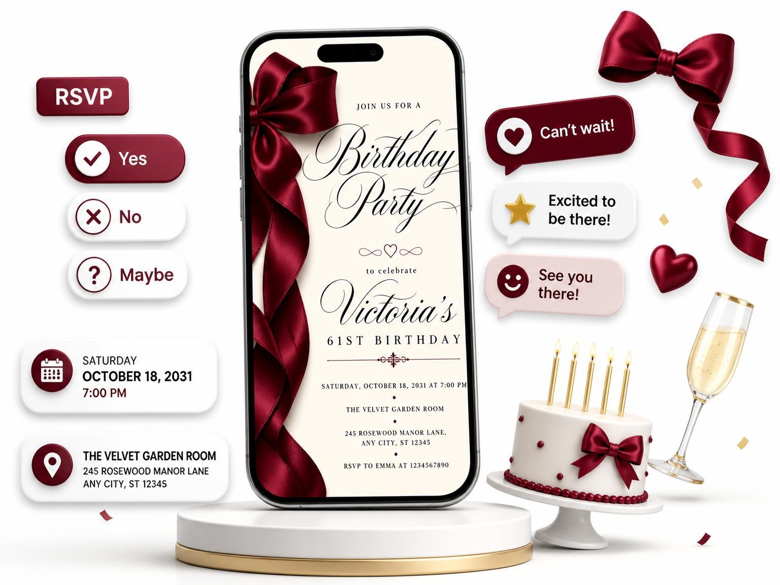 The Burgundy Satin Bow 61st Birthday Invitation invitation on a phone, with guest RSVPs arriving around it