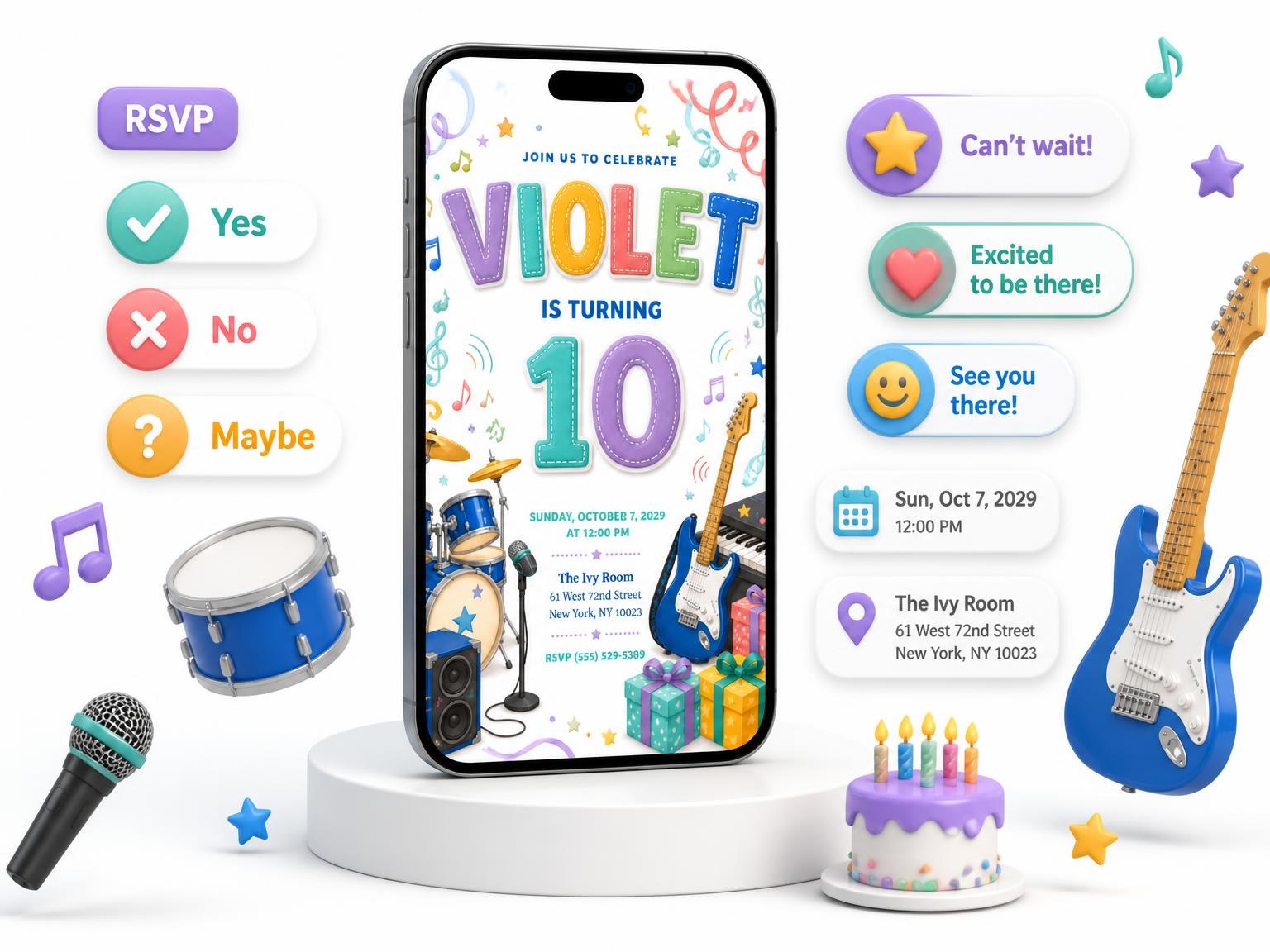 The Stitched Rock Star 10th Birthday Invitation invitation on a phone, with guest RSVPs arriving around it