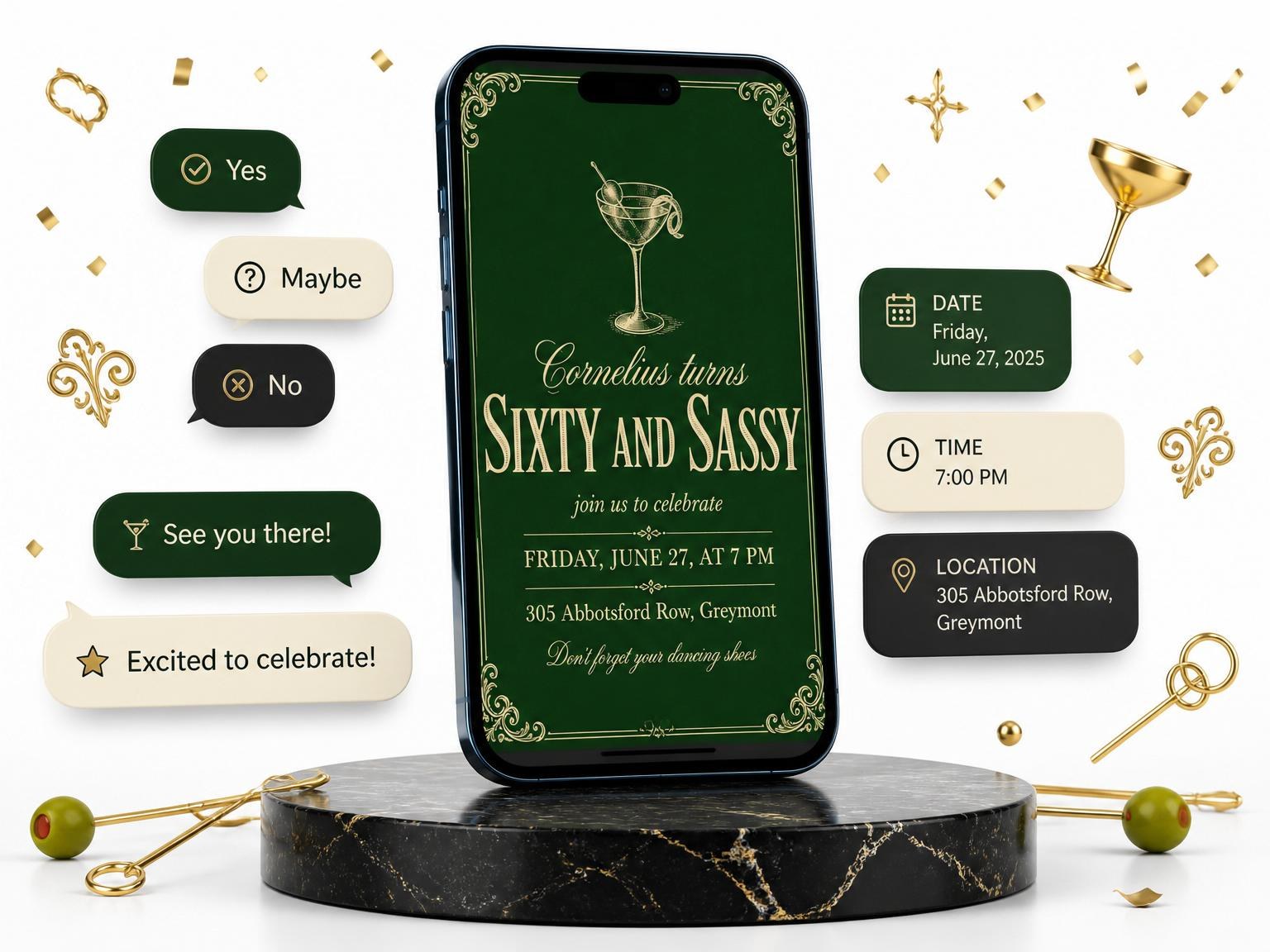 The Forest Green Gold Martini 60th Birthday invitation on a phone, with guest RSVPs arriving around it