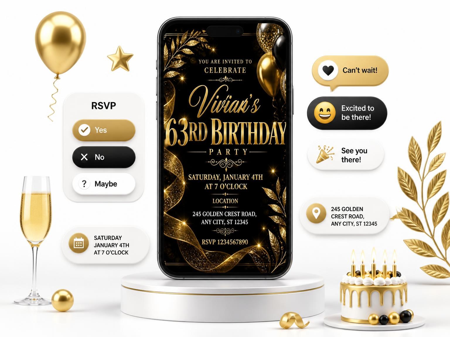 The Black and Gold 63rd Birthday Invitation invitation on a phone, with guest RSVPs arriving around it